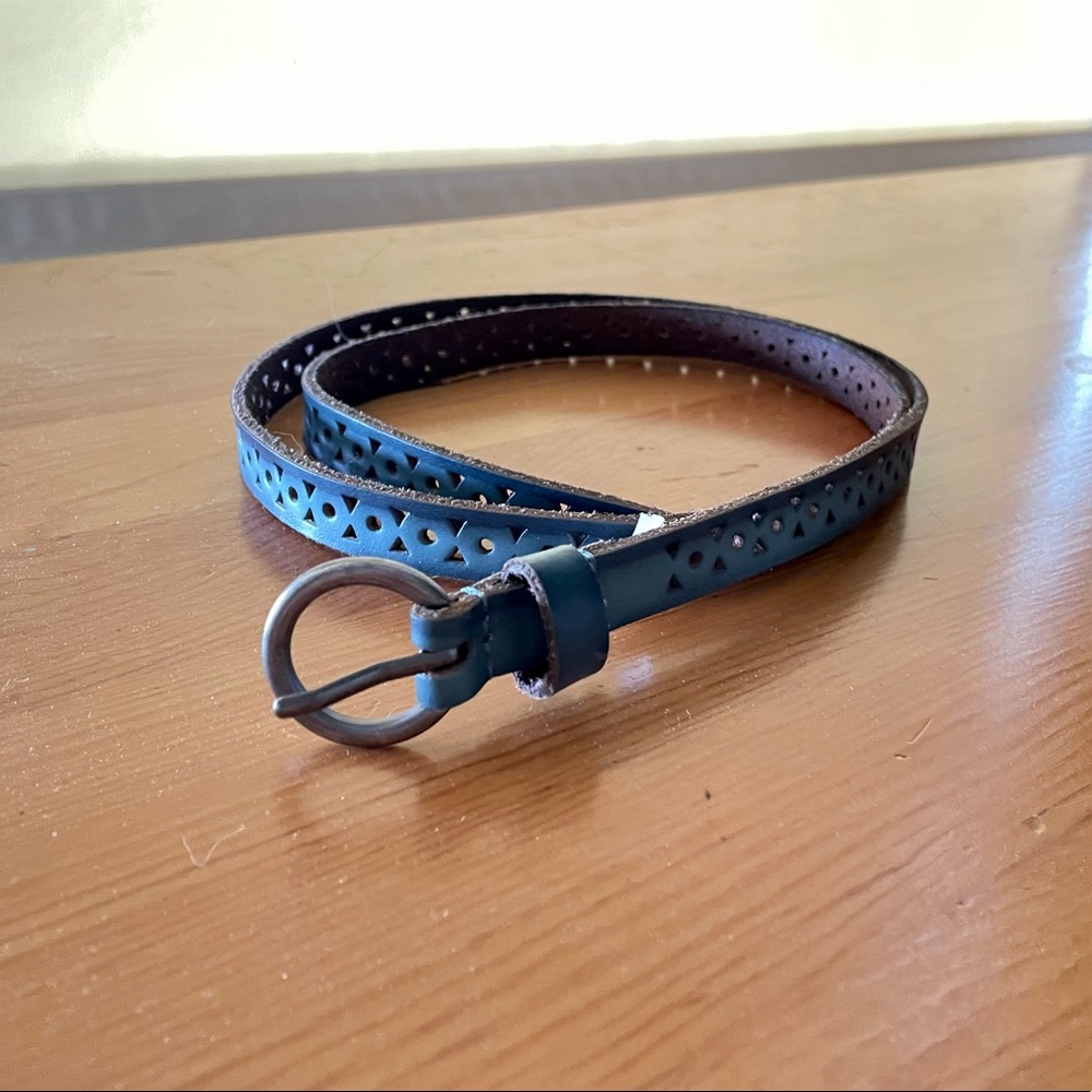 Laser cut skinny blue leather belt size S